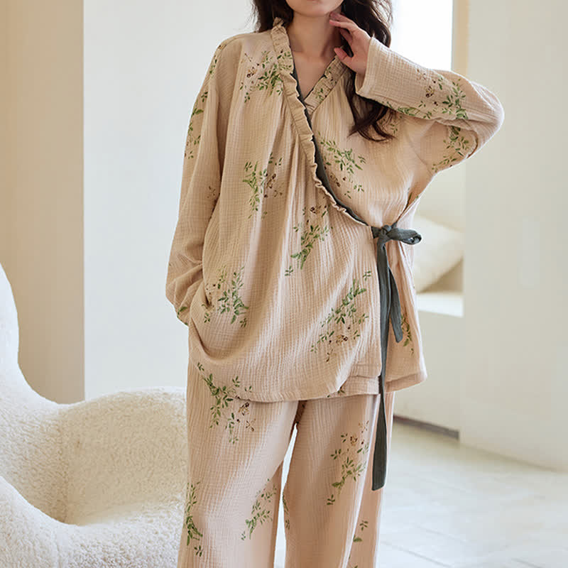 Botanical Leaf Kimono Loungewear Set