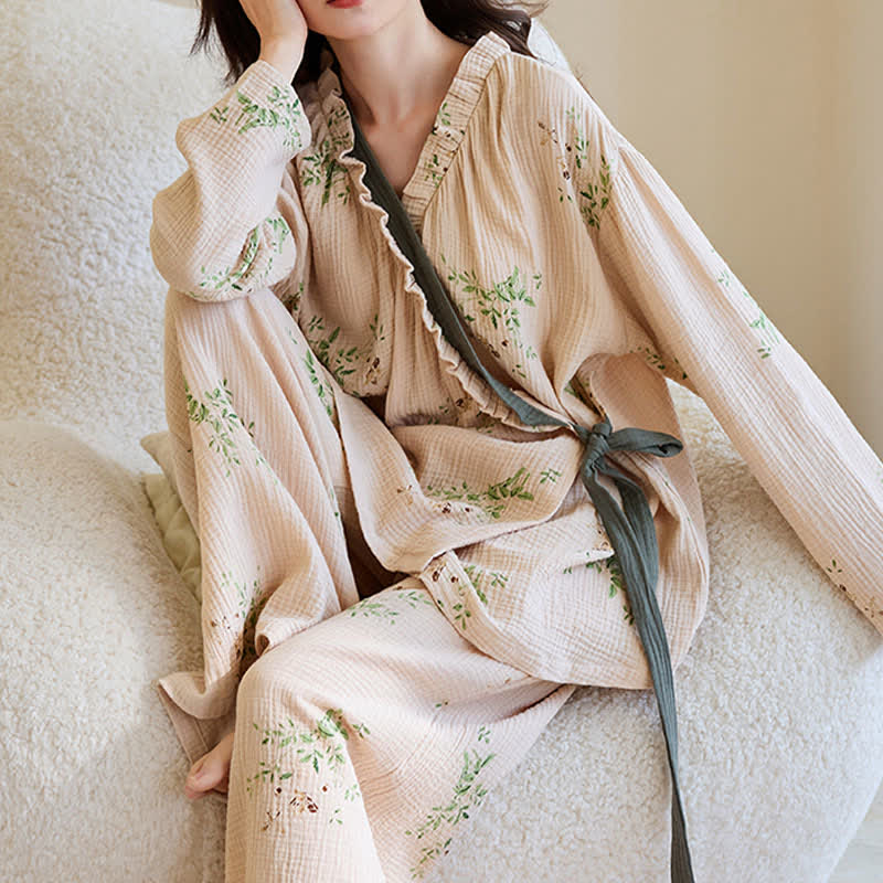 Botanical Leaf Kimono Loungewear Set