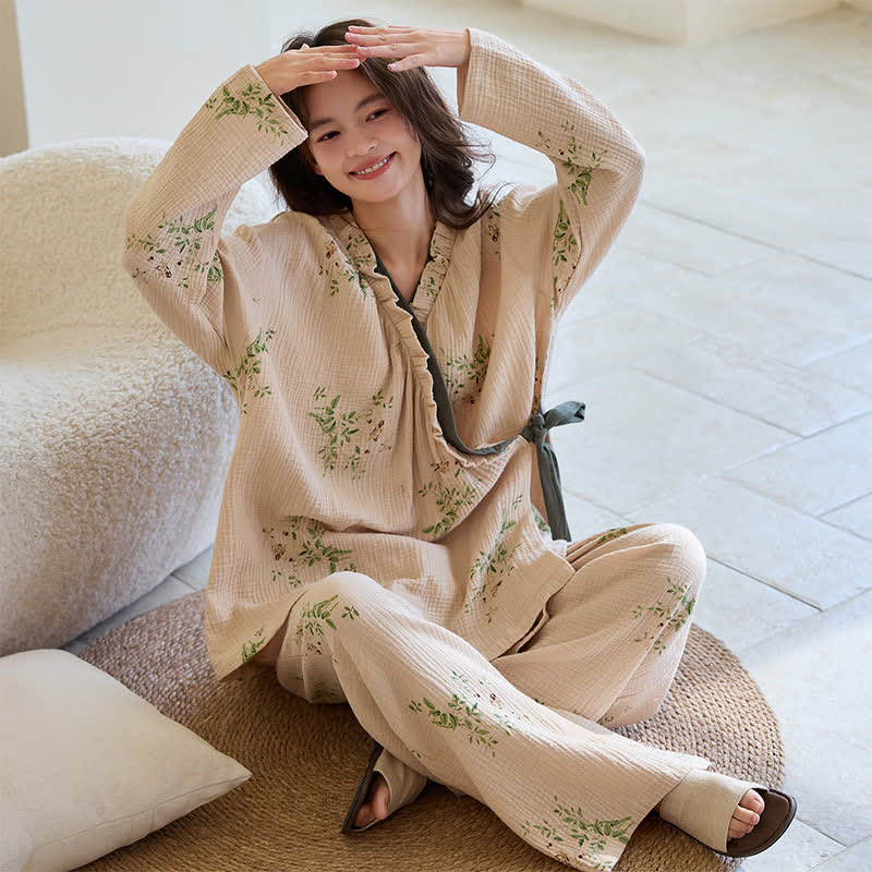 Botanical Leaf Kimono Loungewear Set