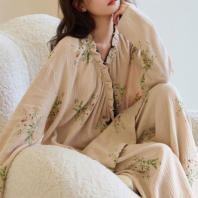 Botanical Leaf Kimono Loungewear Set
