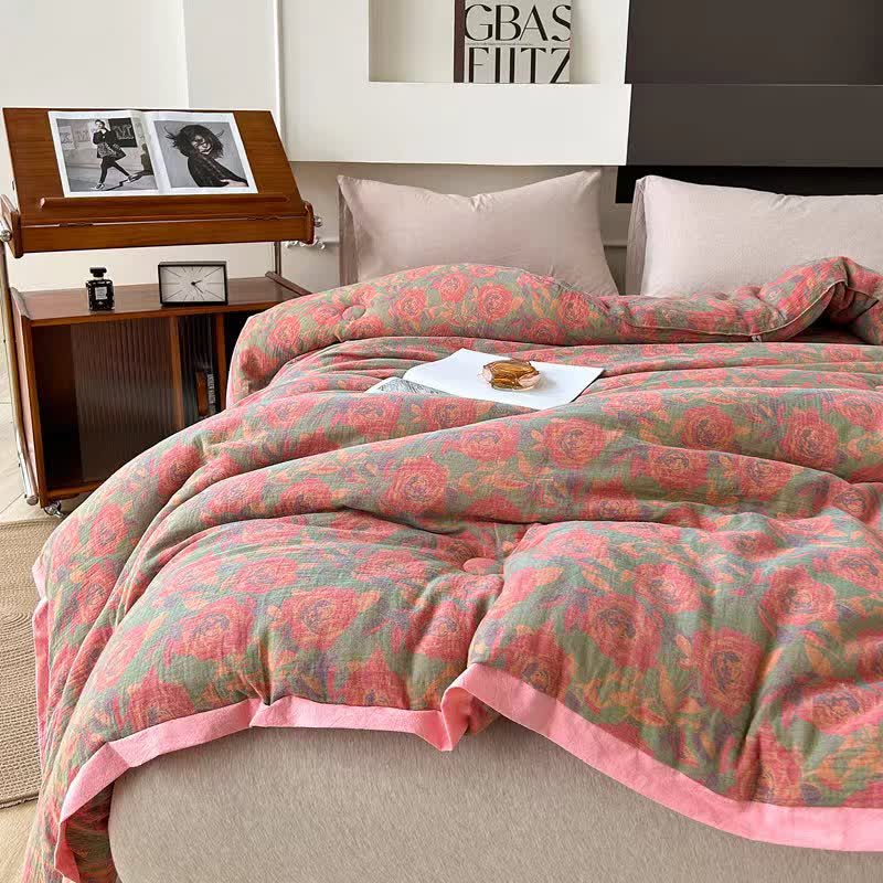 Pink Rose Cotton Gauze Jacquard Quilt