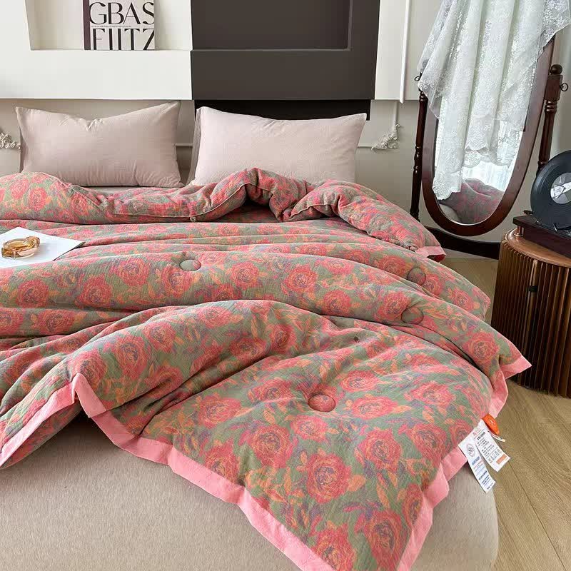 Pink Rose Cotton Gauze Jacquard Quilt