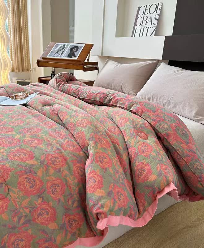 Pink Rose Cotton Gauze Jacquard Quilt