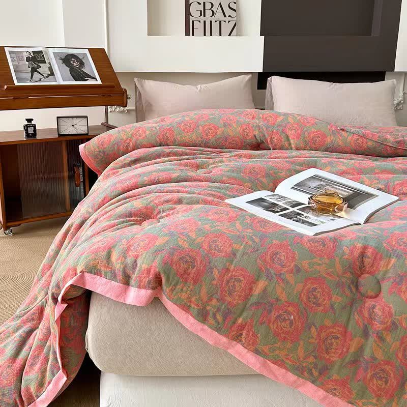 Pink Rose Cotton Gauze Jacquard Quilt