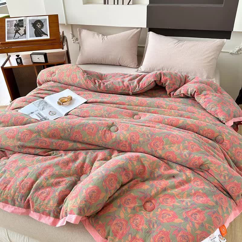 Pink Rose Cotton Gauze Jacquard Quilt