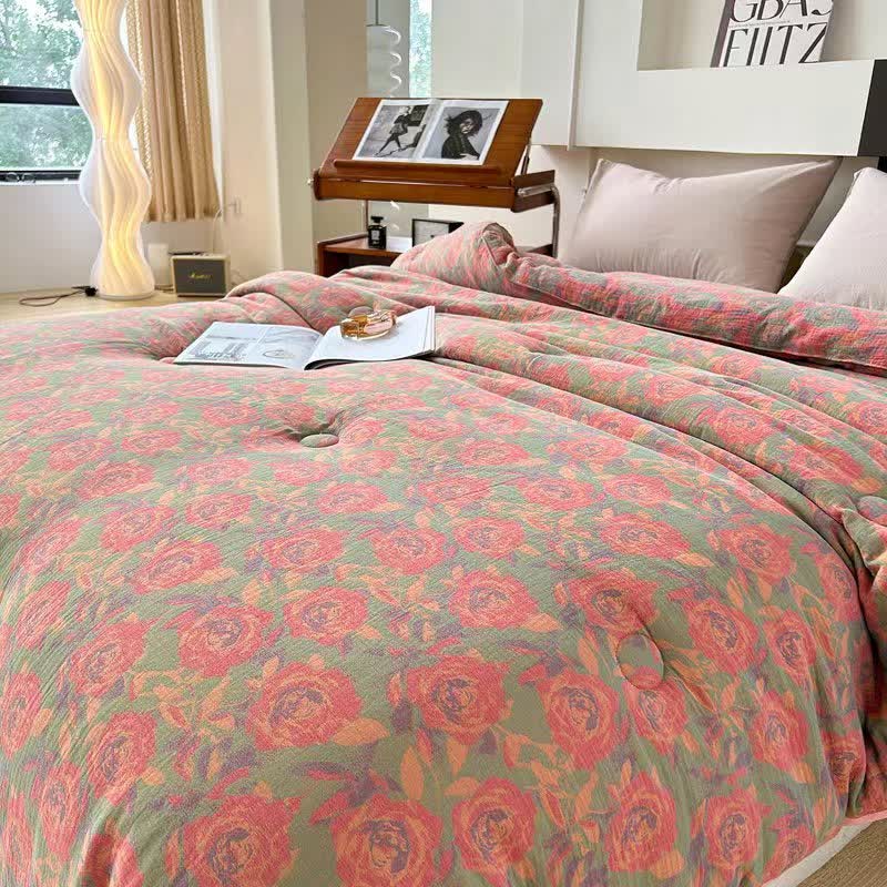 Pink Rose Cotton Gauze Jacquard Quilt