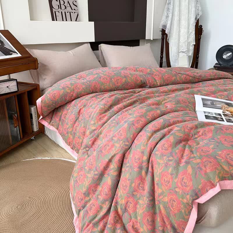 Pink Rose Cotton Gauze Jacquard Quilt
