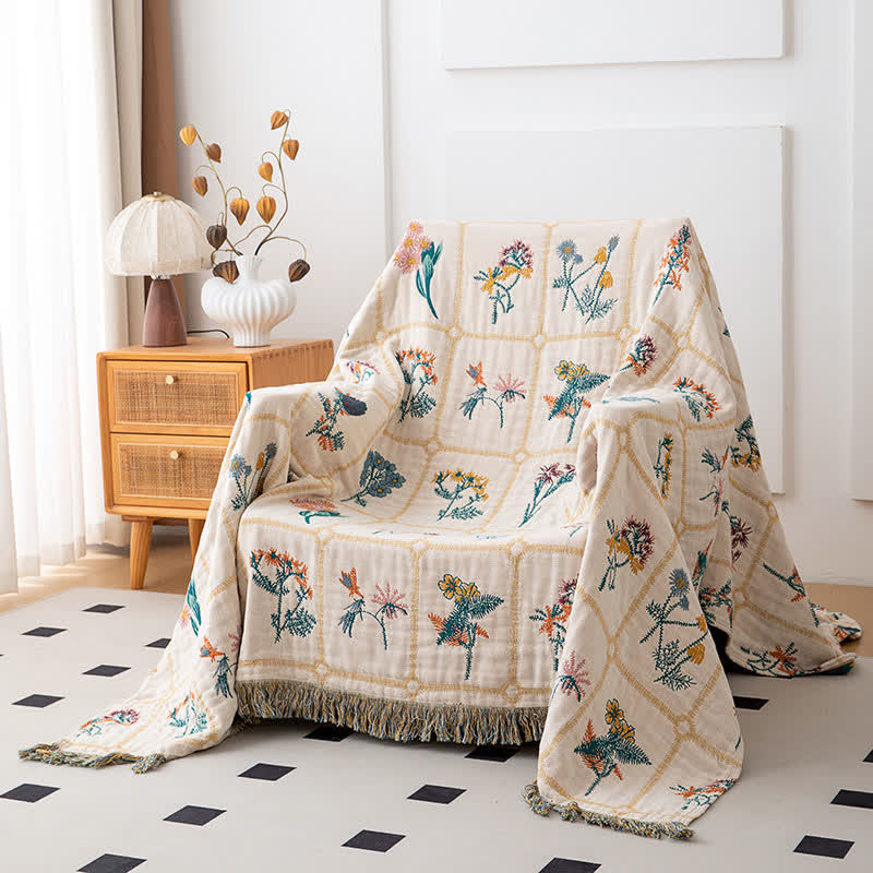 Floral Plaid Natural Cotton Gauze Quilt