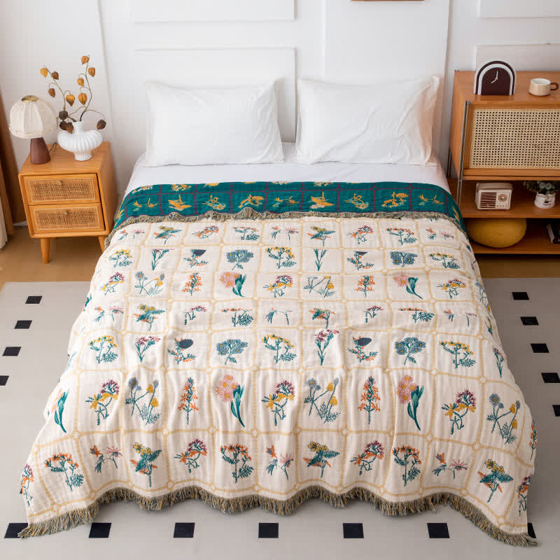 Floral Plaid Natural Cotton Gauze Quilt
