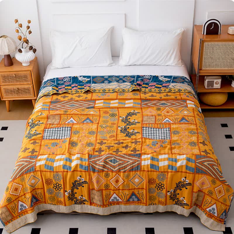 Geometric Pattern Patchwork Natural Cotton Quilt