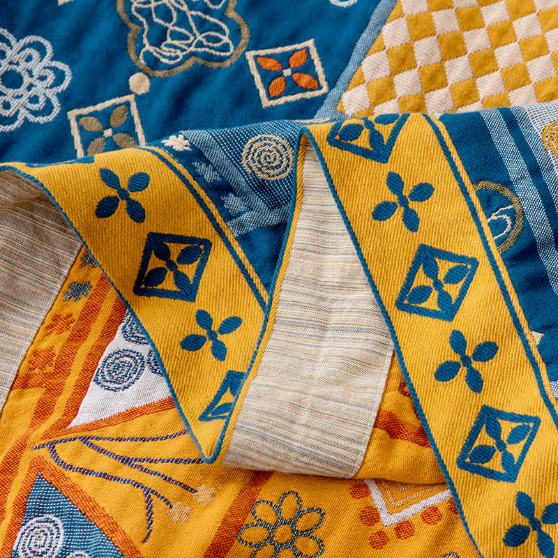Geometric Pattern Patchwork Natural Cotton Quilt